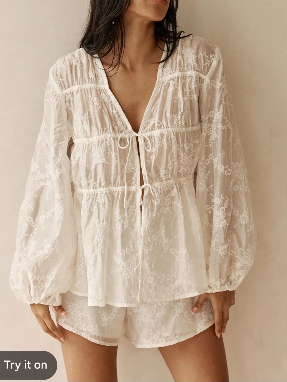 Sheer Embroidered Tie-Front Blouse in Cream